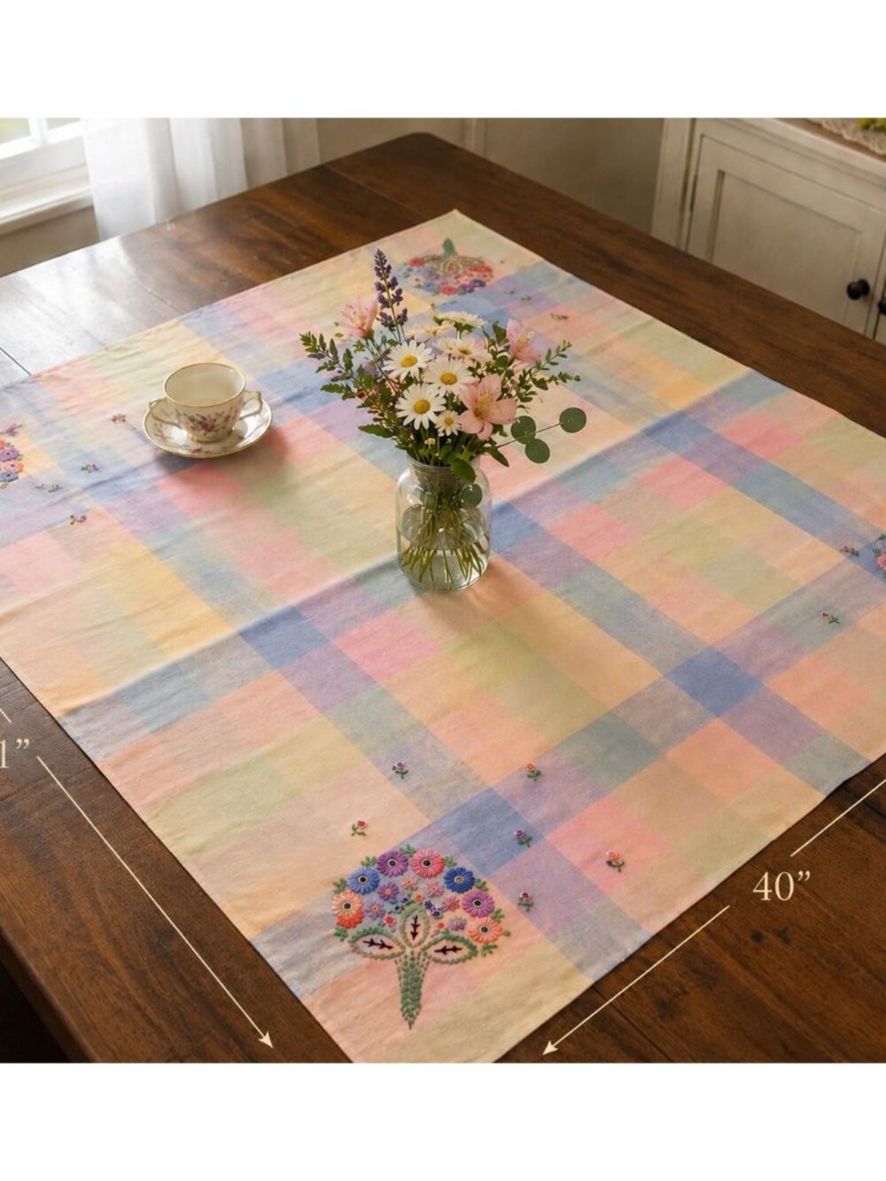 Vintage Hand Embroidered Floral Table Topper Pastel Plaid Cotton 40 x41